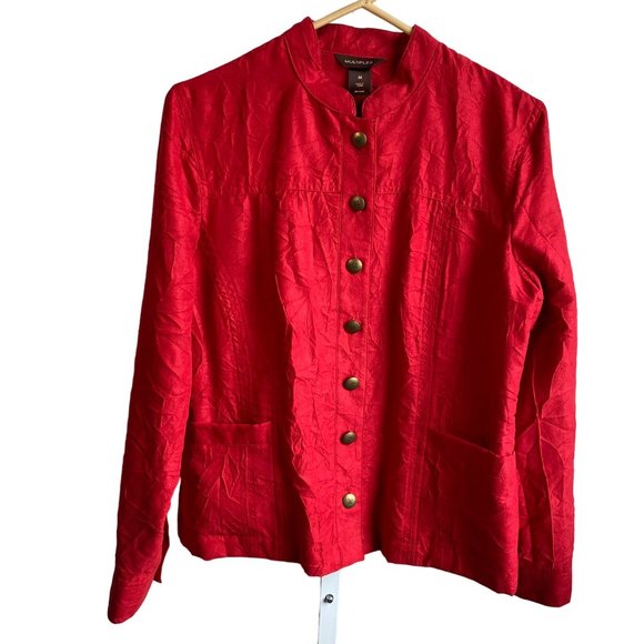 Women's Vintage Multiples red crepe gold button jacket blazer sz M - Picture 2 of 9